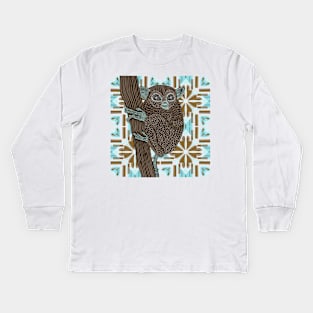 Cute Tarsier on a Brown and Blue Modern Hearts Pattern Kids Long Sleeve T-Shirt